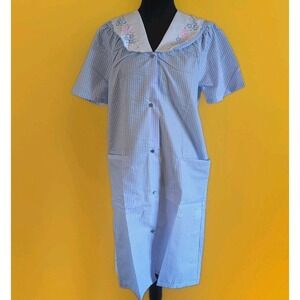 Dream Crest Blue Seersucker House Coat Duster Sz S  Snap Front Robe Lightweight